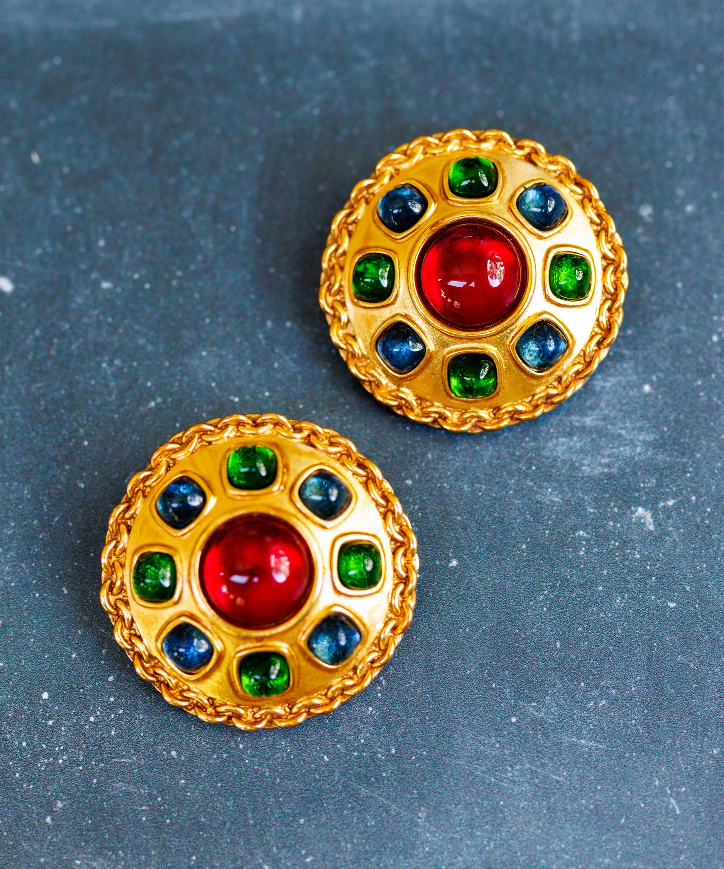 Vintage Carlisle Massive Clip On Earrings with Colorful Cabochon Stones
