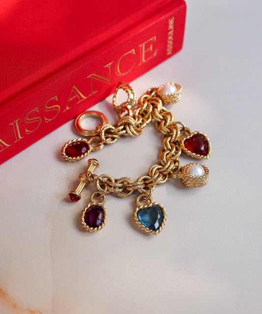 Vintage Bracelet With Red & Light Blue Heart Shaped Charms and Rhinestones