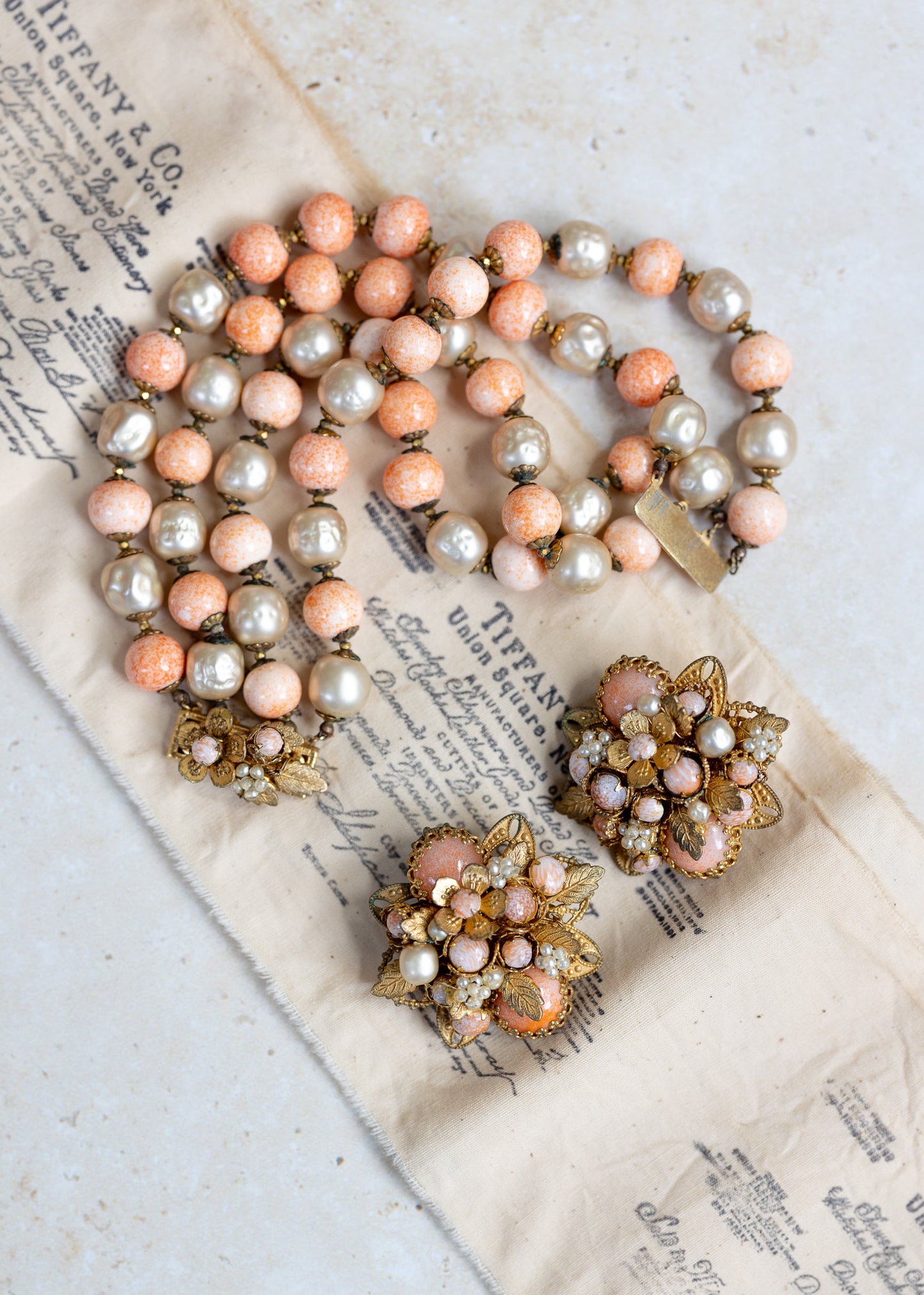 DeMario NY Signed Bracelet with Peach Colored Baroque Pearls and Ornate Clasp