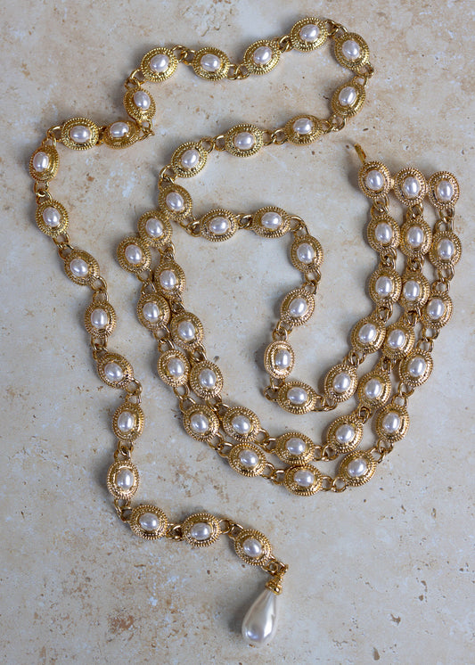 Vintage St. John 3 tier Pearls/Gold Tone Layered Statement Chain Belt 39''