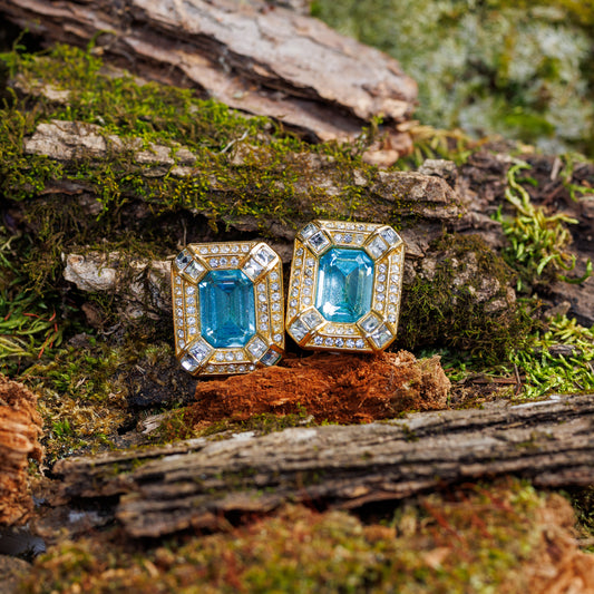 Vintage Christian Dior Art Deco Clip On Earrings with clear & aqua diamond cut stones