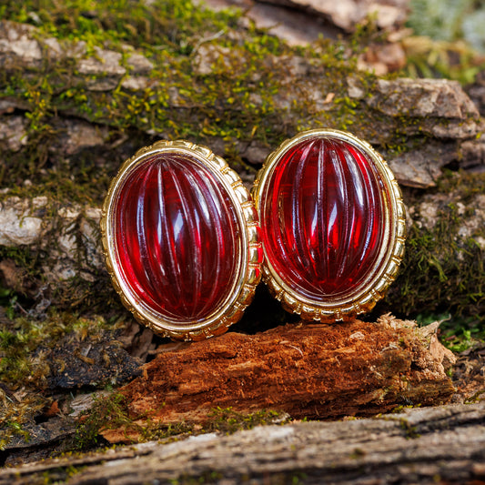 Vintage Richelau Gripoix Red Glass Chunky Clip On Earrings