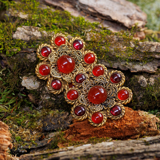 Vintage Pierre Lorion Sylvia Karels Paris Ruby Red Cabochon Floral Clip On Earrings