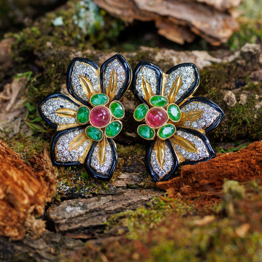 Vogue Bijoux RARE Cabochon Jeweled Flower Shaped Chunky Statement Clip On Earrings with Pink and Green Glass Cabochons