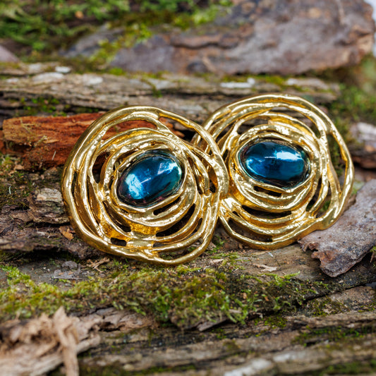 Vintage Yves Saint Laurent Large Gold Plated Blue Cabochon Swirl Clip On Earrings