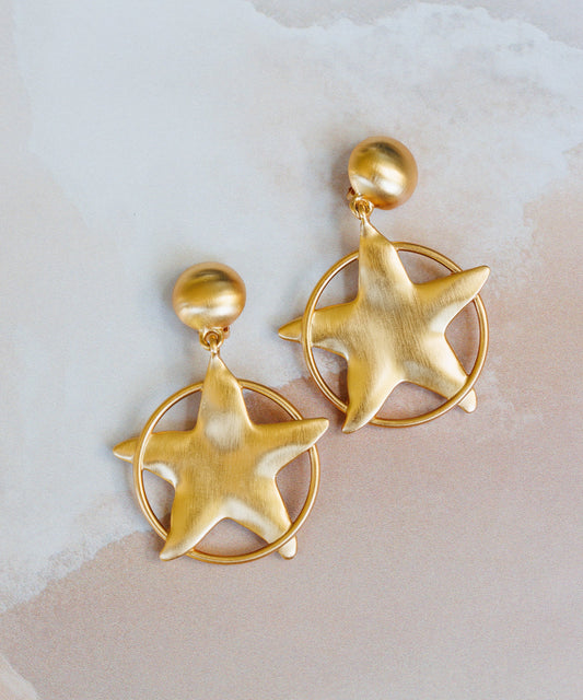 Stunning Anne Klein Couture Star Shaped Matte Gold Tone Brushed Drop Dangle Clip On Earrings